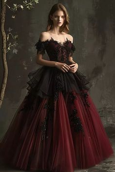 Gothic Off Shoulder A-Line Red Black Wedding Dresses Applique Beaded Bridal Gown.  "This pin contains affiliate links, which means I may earn a commission at no cost to you extra for you". 
 #affiliate #advertising" Dark Fairytale Wedding Dress, Gothic Formal, Gothic Wedding Dresses, Goth Wedding Dresses, Gothic Prom, Dark Romantic Wedding, Dragon Dress, Fantasy Ball, Black Wedding Dress Gothic