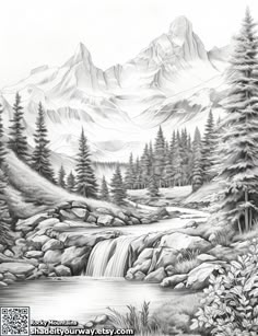 a pencil drawing of a mountain scene with trees and a river in the foreground