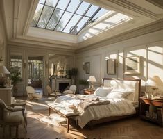 a bedroom with a skylight and bed in the middle of it's room