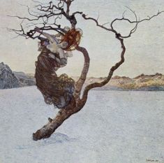 a painting of a tree in the snow with mountains in the background and water below