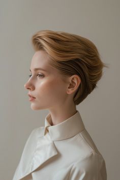 Side profile of a person with short blonde hair and a white collar shirt against a neutral background. Trendy Bob