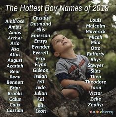 a young boy sitting on top of a tree branch with names in front of him