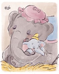 an elephant is hugging a baby elephant with a crown on it's head,