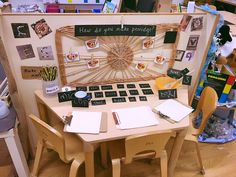 there is a desk that has many things on the table and it's made out of wood