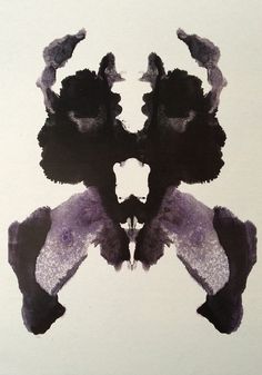 an abstract painting on white paper with black and purple shapes in the middle, including two hands