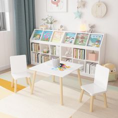 a child's playroom with bookshelves and toys on the floor in front of it