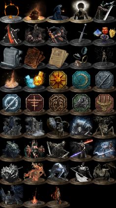 a bunch of different types of items on display in a dark room with black background