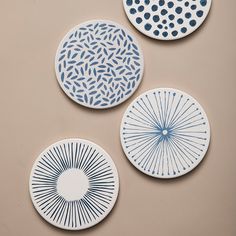 three decorative plates are hanging on the wall