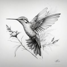 a black and white drawing of a hummingbird