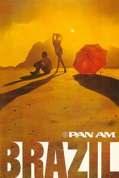 a movie poster for brazil with two people sitting on the beach and one person holding an umbrella