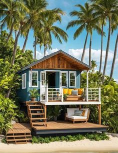 a small house on the beach surrounded by palm trees