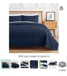 an image of a bed with blue comforter and pillows on the bottom right hand side