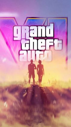 two people standing on top of a hill with the words grand theft auto in front of them