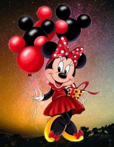 minnie mouse with balloons floating in the air