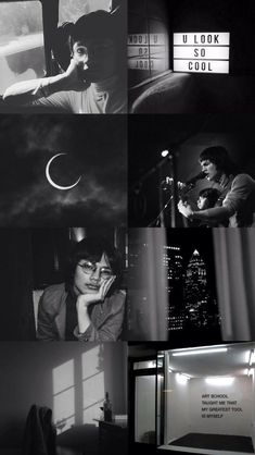 black and white photographs of people in the dark, with one person looking at something