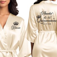 Front and back personalized satin robe at knee length. Abuela de la quinceanera getting ready robes with black glitter. Custom Robes, Personalized Robe, Quinceanera Party, Gold Theme, Womens Robes, Cream Beige, Champagne Gold, Toddler Sizes, Quince