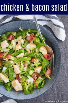 a salad with bacon and lettuce in a blue bowl on top of a checkered table cloth