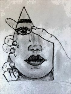 a drawing of a woman's face with her eyes closed and hands on the forehead