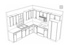 a drawing of a kitchen with an oven, sink and refrigerator in it's corner