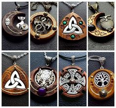 six different types of necklaces with celtic symbols and animals on them, all in various styles