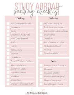 the packing checklist is shown in pink and white