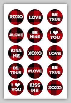 red and black plaid stickers with the words i love you, be mine, kiss me