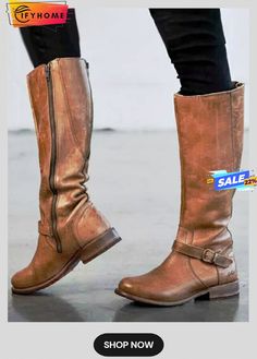 Vintage Round Toe Buckle Tall Boots Chunky Heel Riding Boots Casual Moto Boots For Fall Riding, Casual Moto Boots For Riding In Fall, Fall Riding Moto Boots Medium Width, Casual Wide Calf Moto Boots With Buckle Closure, Casual Riding Boots For Fall, Fall Riding Moto Boots, Round Toe Knee-high Boots For Fall Outdoor Activities, Casual Round Toe Moto Boots For Riding, Wide Calf Moto Boots For Outdoor Fall