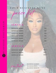 an advertisement for a hair salon with the name price list on it and description card