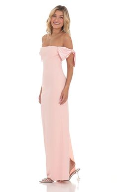 Off Shoulder Bow Sleeve Maxi Dress in Pink | LUCY IN THE SKY Fitted Crepe Maxi Dress, Sorority Formal Dress, Light Pink Bridesmaid Dresses, Pink Bow Dress, Baby Pink Dresses, Cute Formal Dresses, Pink Long Dress, Pink Bridesmaid Dress, Taffeta Fabric