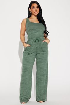 Available In Rust And Green. Jumpsuit Sleeveless Scoop Neck Elastic Waistband Drawstring Wide Leg Pockets Stretch Inseam= 32" 57% Cotton 39% Rayon 4% Spandex Imported | Set The Standard Jumpsuit in Green size 1X by Fashion Nova Mama Style, Green Jumpsuit, Curve Dresses, Women Set, Mens Activewear, Green Fashion, Set Dress