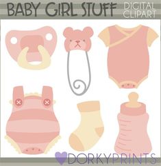 the baby girl stuff clipart is shown in pink and beige colors, including onesuits