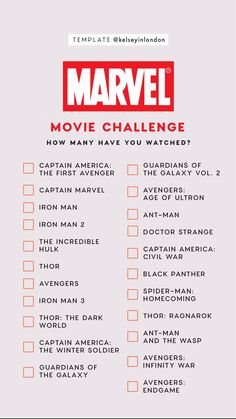 the avengers movie challenge is shown in red and white