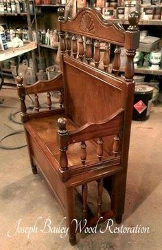 an old wooden chair in a shop