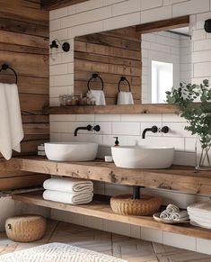 a bathroom with two sinks and wooden shelves