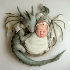 a baby is sleeping in a basket with a dragon on it's head and wings