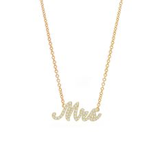 The perfect gift for the bride to be or your Mrs! Celebrate your loved one with this elegant pave scripted Mrs necklace, which will become a treasured gift for years to come! Available in 14K White, Yellow and Rose Gold Available in two chain lengths = 14-16in and 16-18in Letter height = 7.5mm Diamond weight = 0.24 carats, approximately Mrs Necklace, Gift For The Bride, Diamond Cocktail Rings, Band Bracelet, Tennis Necklace, Diamond Shop, Mens Band, Bride To Be, Bracelet Collection