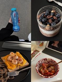 there are four different pictures with food on the table and one is holding a water bottle