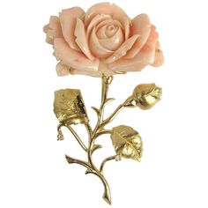 Large Rose carved from Pink Angel Coral on this 14k Brooch. 2 Small prong set diamond accents on the stem of the Rose. This measures 2.96 inches top to bottom x 1.93 inches wide. Please check our storefront for hundreds of items including New, Never worn vintage Jewelry, vintage and Contemporary Fashion. Any questions please call, email or hit contact. Be sure to check our store front for more fabulous pieces from this collection. We have been selling on 1st dibs since 2013. You can Follow us vi Wedding Rings Princess Cut, Rose Brooch, Gold Rings Jewelry, Coral And Gold, Diamond Brooch, Snap Jewelry, Coral Jewelry, Jewelry Photography, Moda Vintage