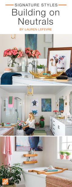 the inside of a house with pictures and plants on top of it, including flowers in vases