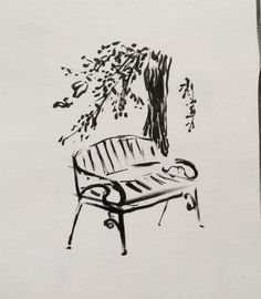 a black and white drawing of a bench under a tree with a chair underneath it