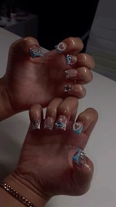 @exclusivelytabitha  Follow 4 more ! ⇧⇧⇧ Girly Acrylic Nails Square, Blue Butterfly Nails Acrylics, Butterfly Square Nails, Short Nail Rhinestone Design, Plain Nails With Gems, Nails With Charms Short, Cute Natural Nail Designs, Medium Junk Nails, Nail With Charms