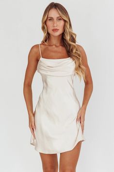 Shop the Well Versed Pleated Mini Dress Champagne | Selfie Leslie Cream Hoco Dress, White Satin Dress Short, Champagne Short Dress, Cream Short Dress, Short Champagne Dress, Champagne Mini Dress, Short Cream Dress, Satin Dress Short, Sorority Recruitment Outfits