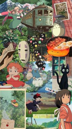 anime collage with many different scenes and characters in the same image, including cats