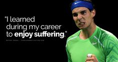 a man holding a tennis racquet in front of a black background with a quote on it