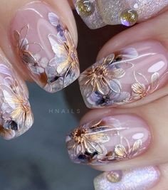 Jelly Gel Nail Designs, Unique Wedding Nails For Bride, Art Nouveau Nails, Simple Gel Designs, Fairy Tale Nails, Japanese Nail Art Kawaii, Dry Flower Nail Art, Dahlia Nails, Stained Glass Nail Art