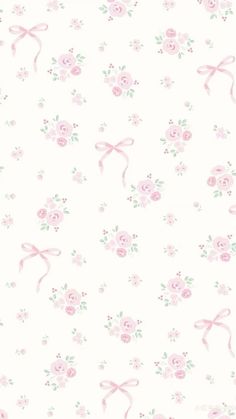 a white background with pink flowers and ribbons