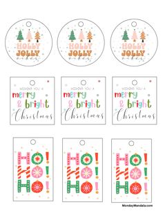 christmas gift tags with the words merry, bright and happy in different font styles on them