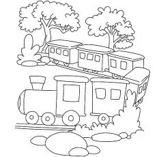 a black and white drawing of a train going down the tracks with trees in the background