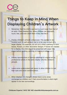 an advertisement for children's art work with pictures on the wall and below it is text that reads things to keep in mind when displaying children's artwork