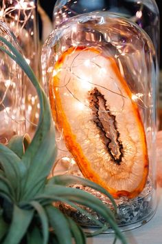 a close up of a pineapple slice in a glass jar with lights behind it